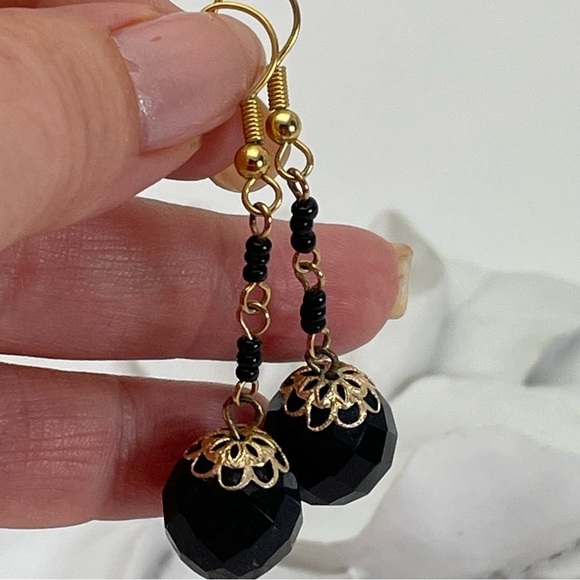 Faceted Black Glass Drop Earrings - Picture 4 of 6